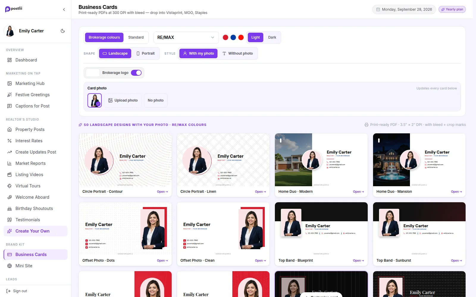 Business Cards in the postlii app