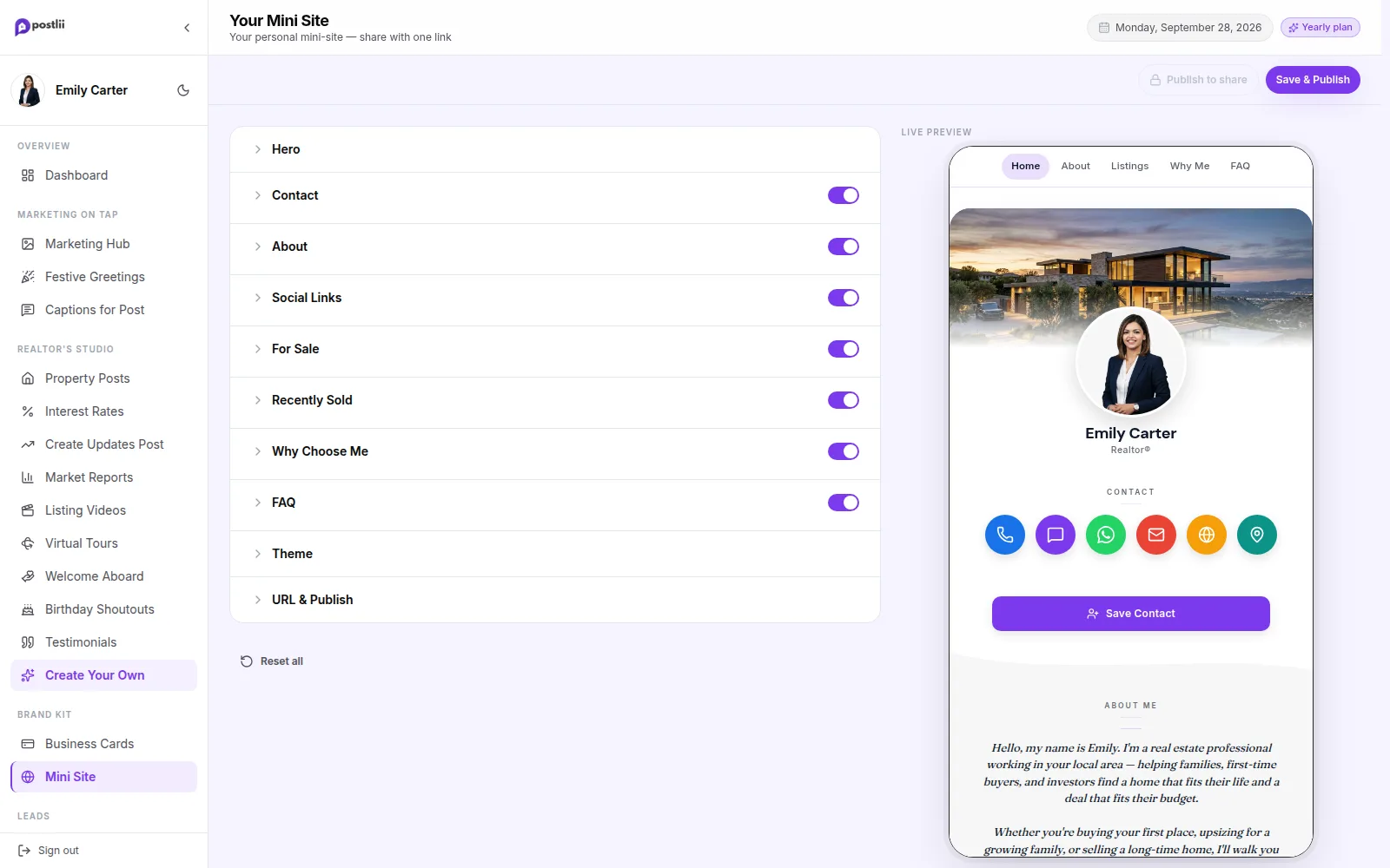 Mini Site in the postlii app