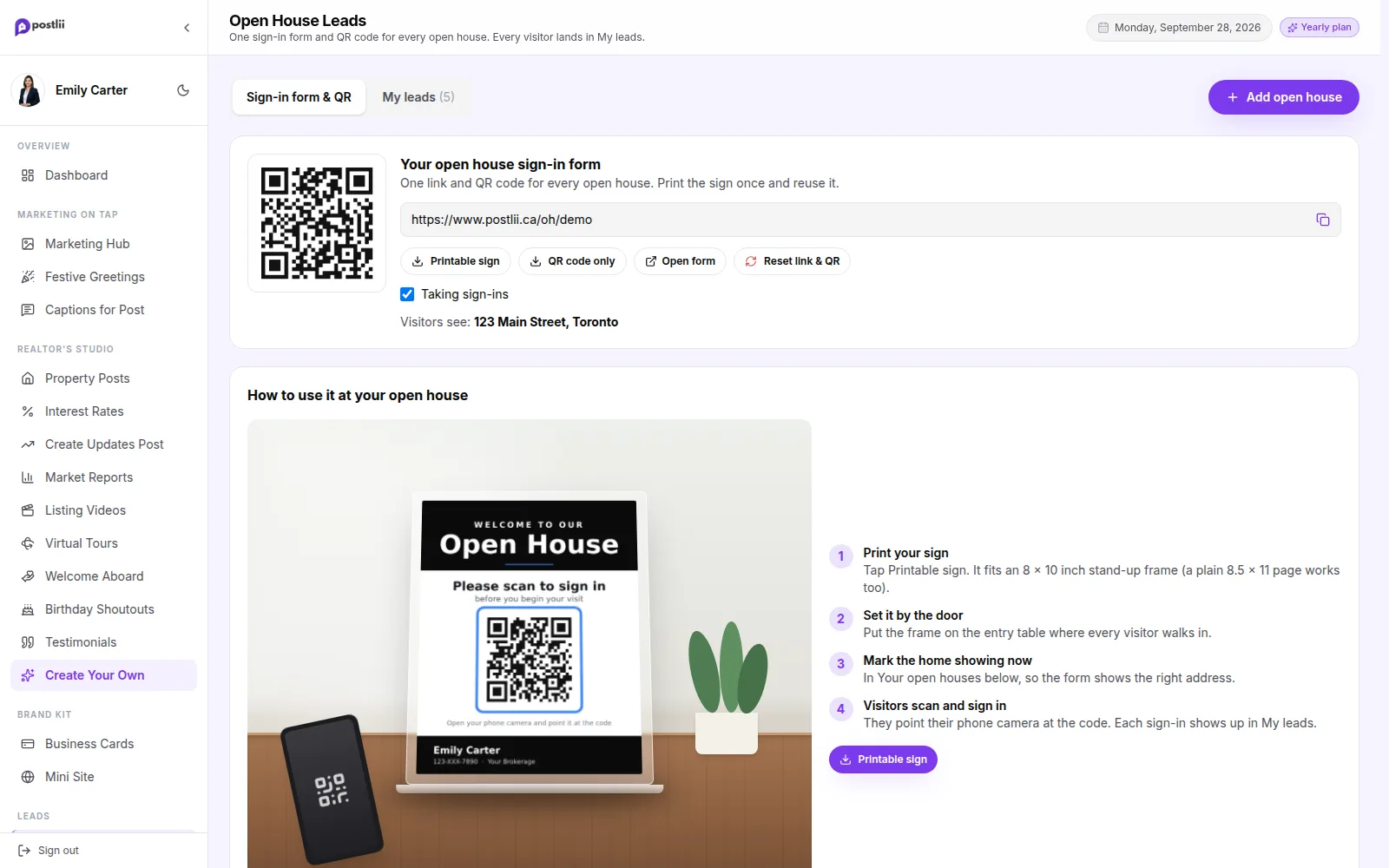 Open House Leads in the postlii app